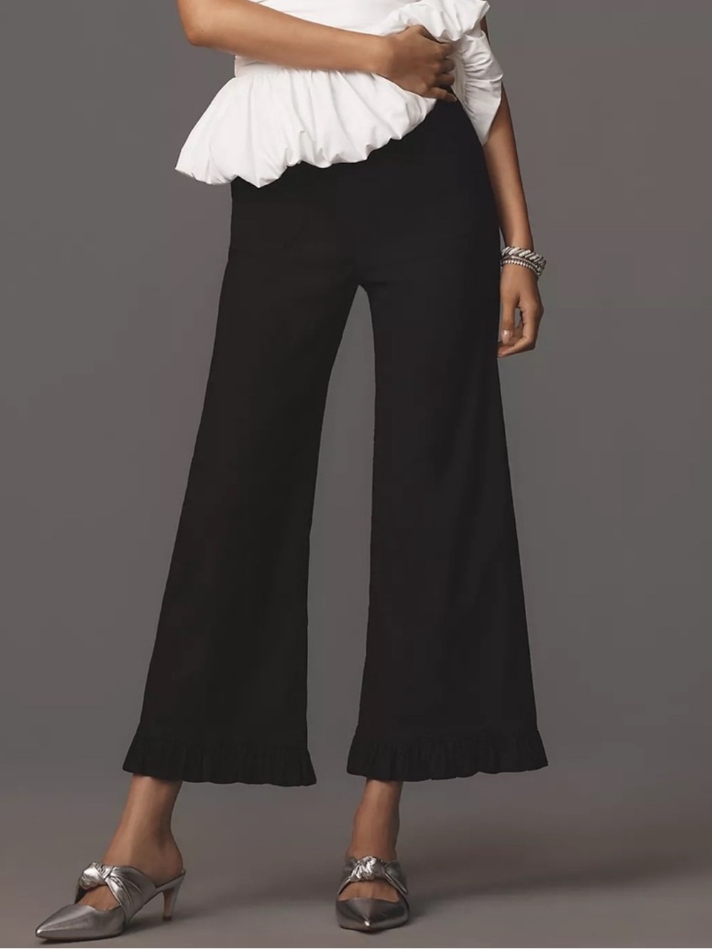 Maeve The Colette Black Cropped Ruffled Hem Wide Leg Linen Blend Pants size 26